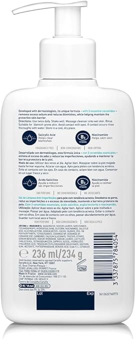 CeraVe Blemish Control Cleanser, 2% Salicylic Acid Face Wash with Niacinamide & 3 Essential Ceramides, Exfoliates