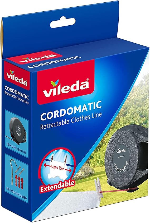 Vileda Cordomatic Retractable Washing line 15m | 1 x 15m clothes line holds up to 15kg