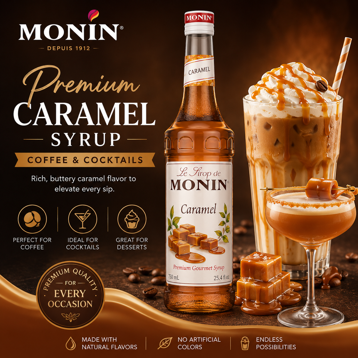 MONIN Premium Caramel Syrup Coffee and Cocktails