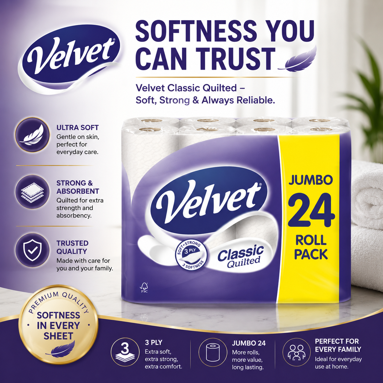 Velvet Classic Quilted Toilet Tissue 24 Rolls